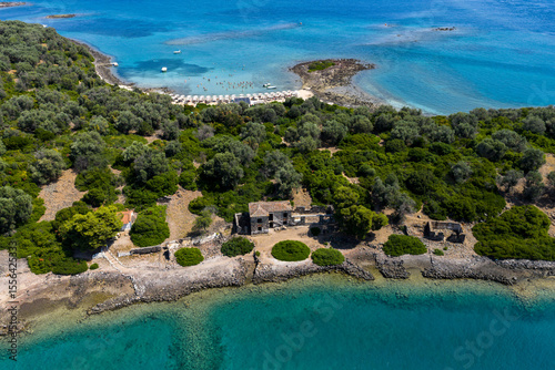 Aerial view of Lichadonisia which is island popular with boat trippers. the Greek Bahamas, in North Evia, Greece