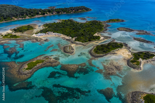 Aerial view of Lichadonisia which is island popular with boat trippers. the Greek Bahamas, in North Evia, Greece