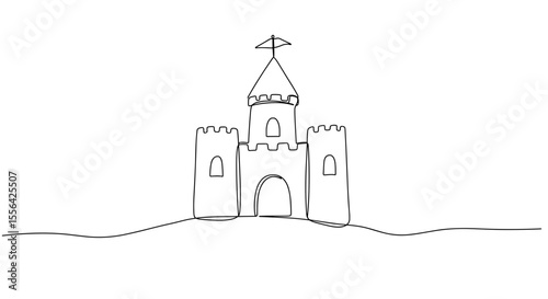 One-line drawing of a sandcastle on a hill