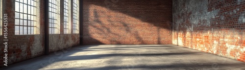 Sunlit Brick Room Interior, Concrete Floor, Industrial Background, Industrial Interior Design Industrial Photography, Architectural Visualization