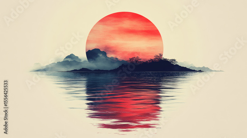 Pixelated Watercolor Sunrise Over Water with Islands