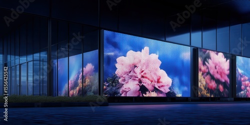 Bright and vibrant outdoor digital signage showcasing stunning floral visuals in a modern urban setting during daylight