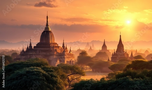 Golden sunset illuminates ancient temples in Bagan, Myanmar, showcasing breathtaking landscape beauty and rich history