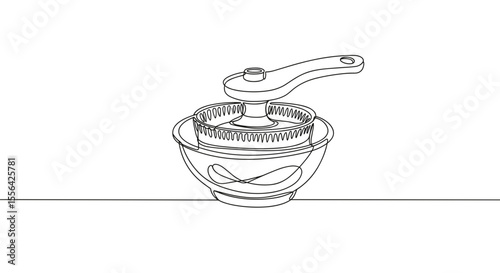 Line art illustration of a salad spinner on a countertop