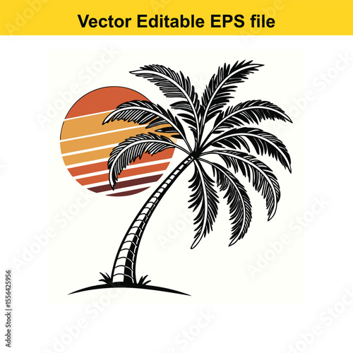 Retro Palm Tree Sunset Graphic Vintage Tropical Design Silhouette Illustration Vacation Vibes Island Getaway Nature Inspired Vector Art