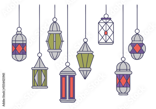 Eight Hanging Ramadan Lanterns Diverse Shapes Colors Geometric Patterns Festive Decoration