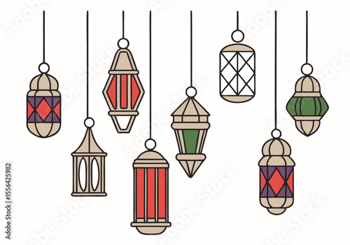 Eight Hanging Ramadan Lanterns Beige Red Green Purple Geometric Patterns Festive Decoration