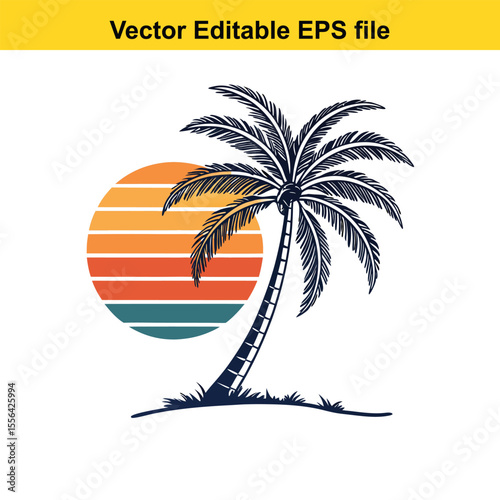 Retro Palm Tree Sunset Graphic Vintage Tropical Design Silhouette Illustration Vacation Vibes Island Getaway Nature Inspired Vector Art