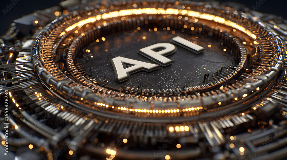 Fototapeta premium Close up of metallic circular structure with A P I text