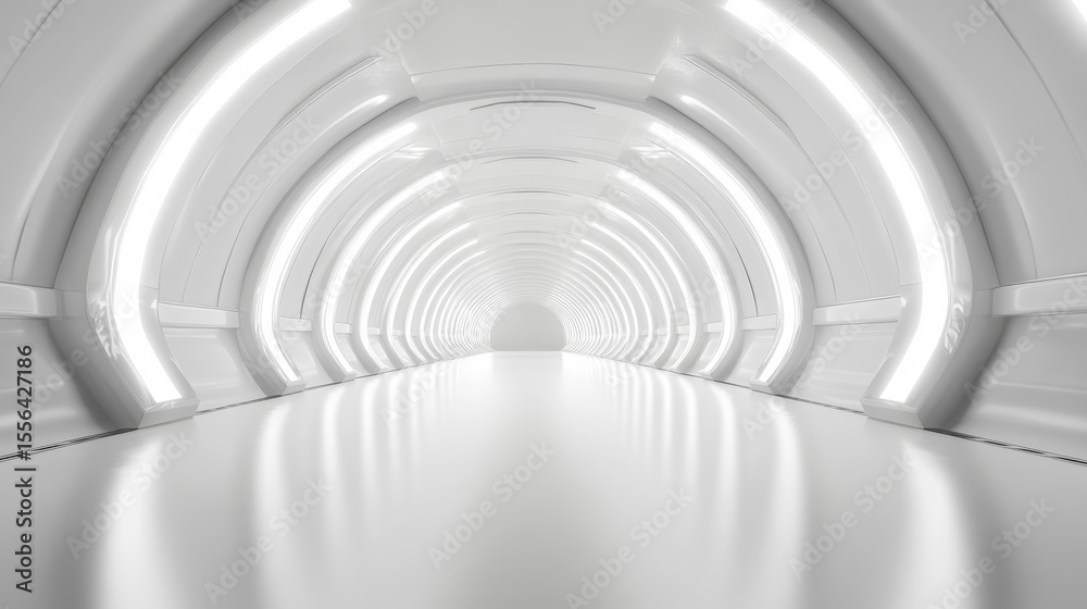 Fototapeta premium White Futuristic Tunnel Illuminated Archway Design, 3D Render, sci-fi, architecture 3D rendering, futuristic architecture