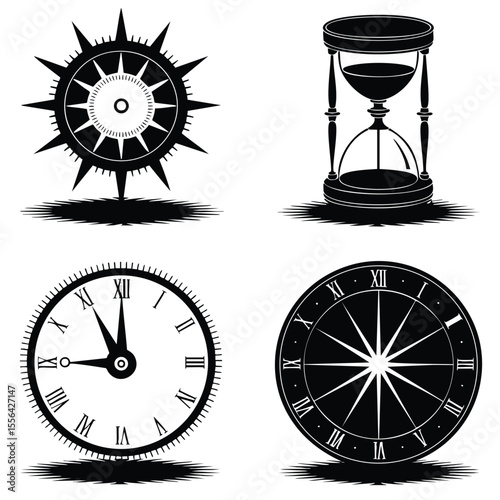 Time Management Icons: Clock, Hourglass, Sun Dial & Compass Graphics