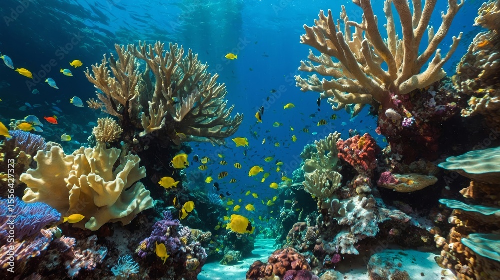 Obraz premium Colorful Underwater Coral Reef Teeming With Diverse Marine Life Near a Tropical Shore During a Sunny Day