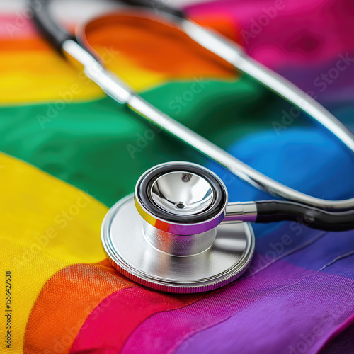 Close-up of a stethoscope on a vibrant rainbow flag fabric