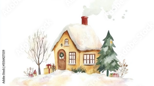 Wallpaper Mural Winter Watercolor Cottage Scene Snowy House, Christmas Tree, Gifts, Christmas, Watercolor ,Winter,Holiday Torontodigital.ca