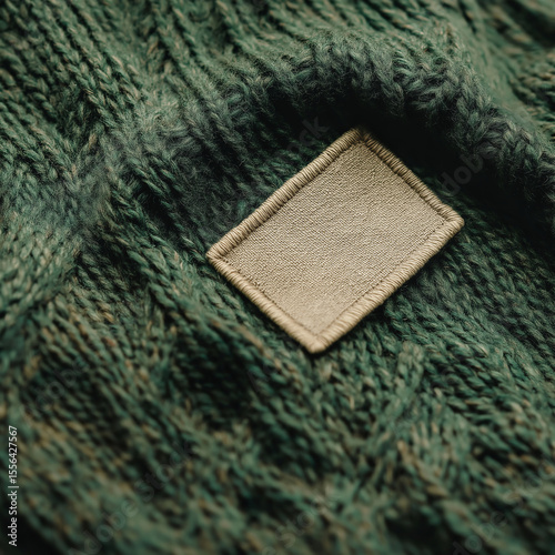 Handmade green knit fabric with a beige textured square patch detail
