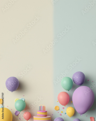 Colorful balloons and birthday cake with pastel background for celebration