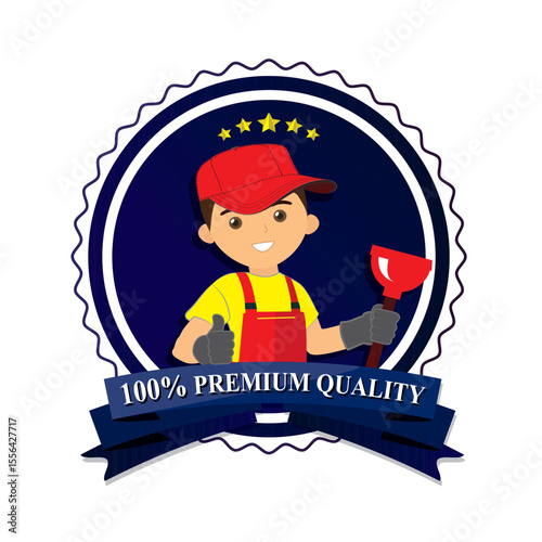 Friendly plumber boy, he is dressed in work clothes and carrying a tool. Sympathetic plumber, wearing a plunger, he will dress in work clothes.