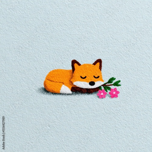 Cartoon fox lying under cherry blossom tree, dreamy background