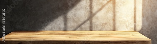 Wooden Tabletop with Sunlit Concrete Wall Background, product display, mockup product photography, background