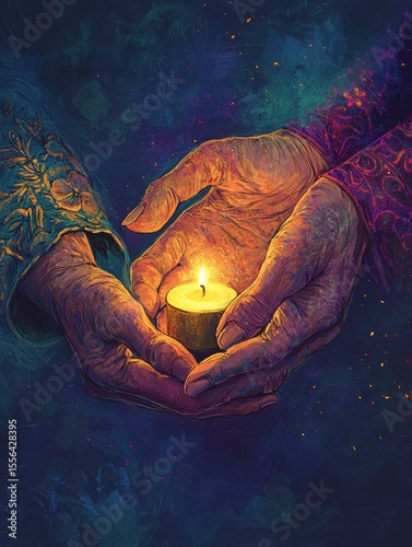 Hands holding candle against dark background