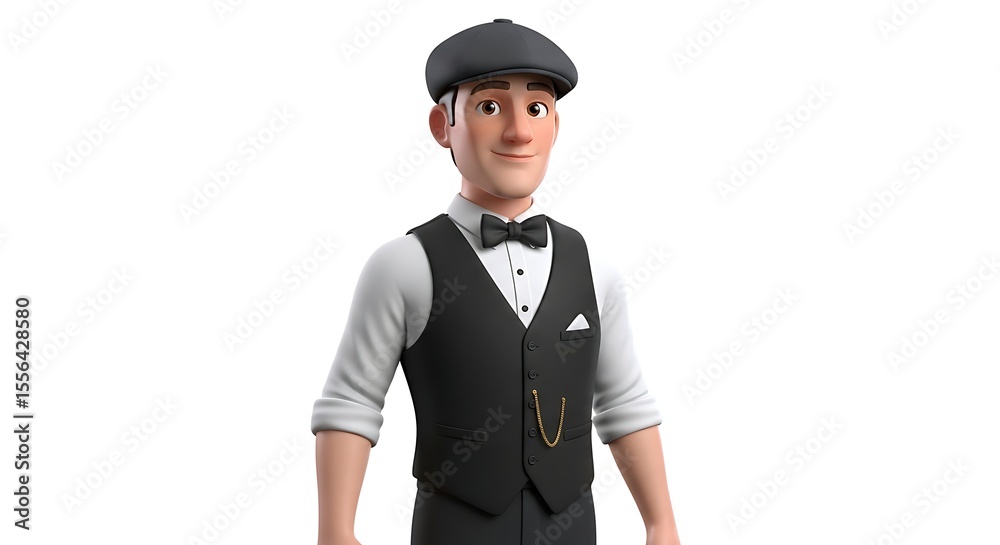 Animated character in a classic outfit, posing against a white background. Animated character in a classic outfit, posing against a white background.