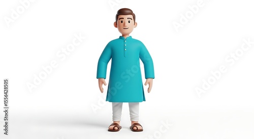 Cartoon illustration of a light-skinned man in traditional teal kurta pajama attire, standing against a white background.