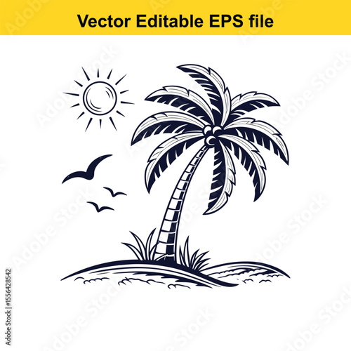Retro Palm Tree Sunset Graphic Vintage Tropical Design Silhouette Illustration Vacation Vibes Island Getaway Nature Inspired Vector Art