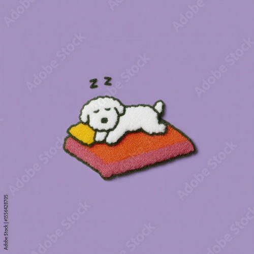 Sleeping puppy character on cloud bed, sky-themed pastel scene