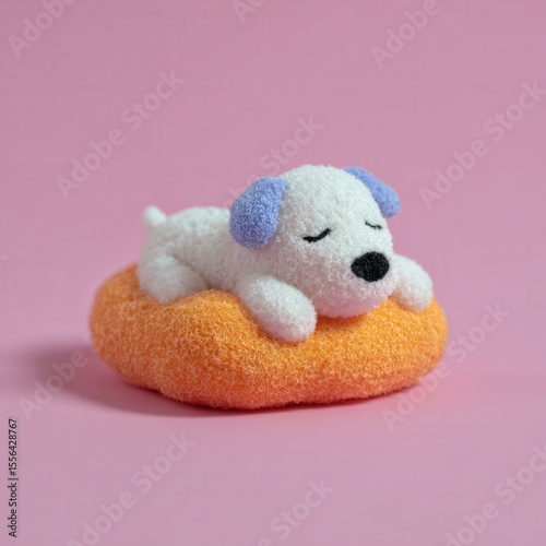 Sleeping puppy character on cloud bed, sky-themed pastel scene