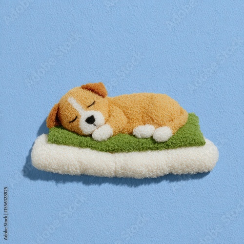 Sleeping puppy character on cloud bed, sky-themed pastel scene