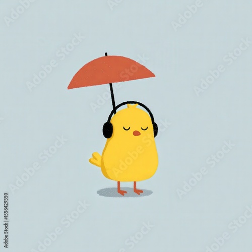 Cartoon bird enjoying music under umbrella on sunny day