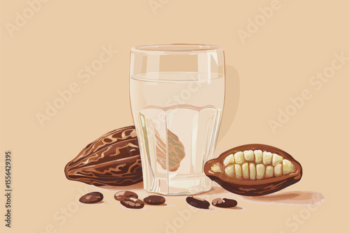 Vector illustration of cacao water in a glass and half of cacao fruit with palm leaves on a peach backdrop