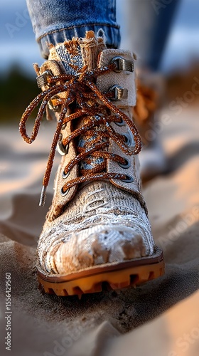 Woman walking sandy beach boots sunset