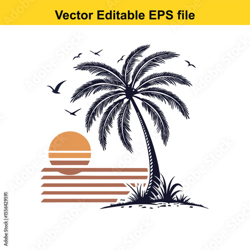 Retro Palm Tree Sunset Graphic Vintage Tropical Design Silhouette Illustration Vacation Vibes Island Getaway Nature Inspired Vector Art