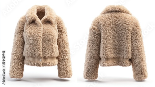 Front and back view of a cropped modern coat, isolated with soft shadows on white, perfect for online retail