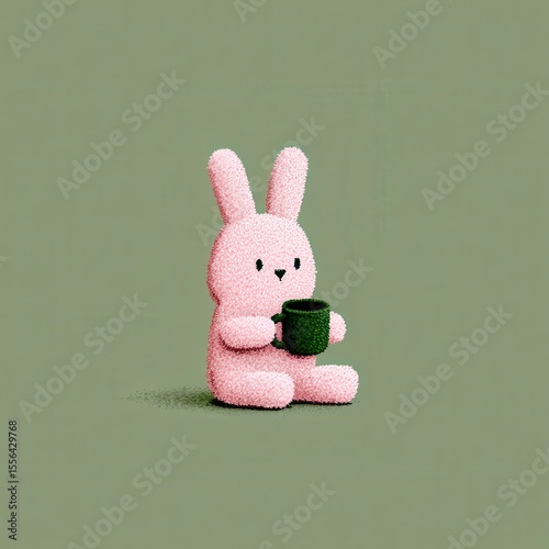 Cute pastel cartoon bunny sipping tea in cozy garden