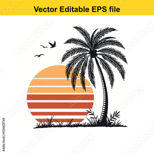 Retro Palm Tree Sunset Graphic Vintage Tropical Design Silhouette Illustration Vacation Vibes Island Getaway Nature Inspired Vector Art