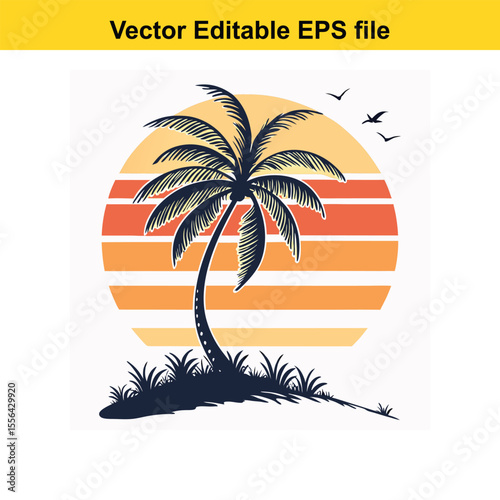Retro Palm Tree Sunset Graphic Vintage Tropical Design Silhouette Illustration Vacation Vibes Island Getaway Nature Inspired Vector Art