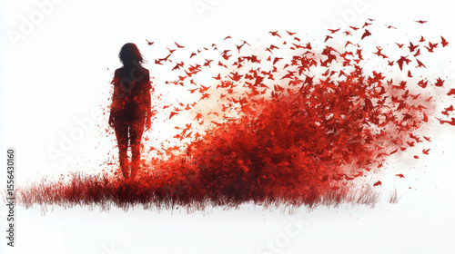 Silhouette Figure Amidst Swirling Red Particles