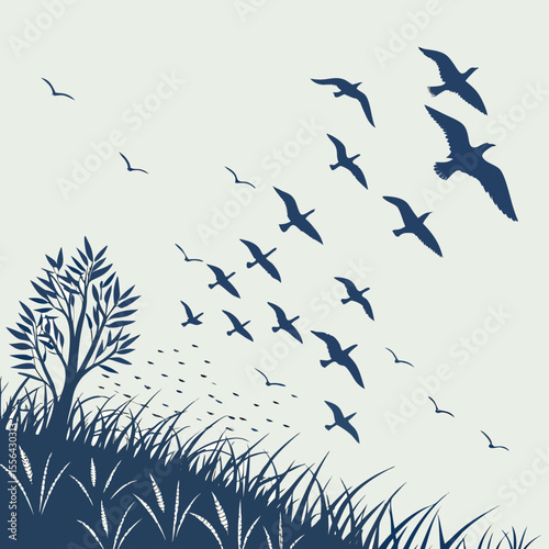 Group of birds flying silhouette, scattered flock design, modern minimal vector.