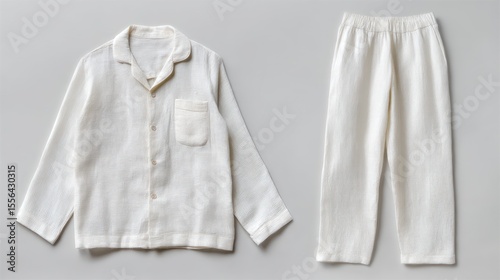 Front and back view of linen pajama set, laid flat, white background, natural texture, minimalist style