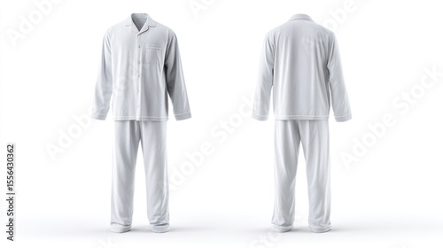 Front and back view of men's cotton pajama set, displayed on invisible mannequin, white background, photorealistic, high-resolution, studio lighting