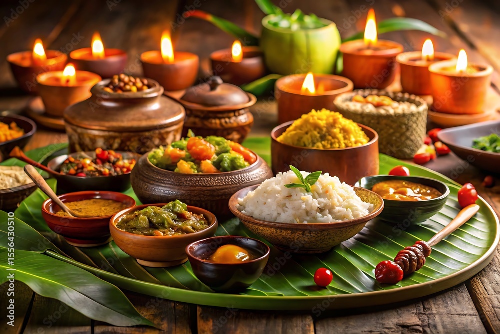 Fototapeta premium Warm Candlelit Scene: Authentic obon festival Cuisine, Aromatic Spices, Rustic Bowls, and Tropical Leaf Platter.