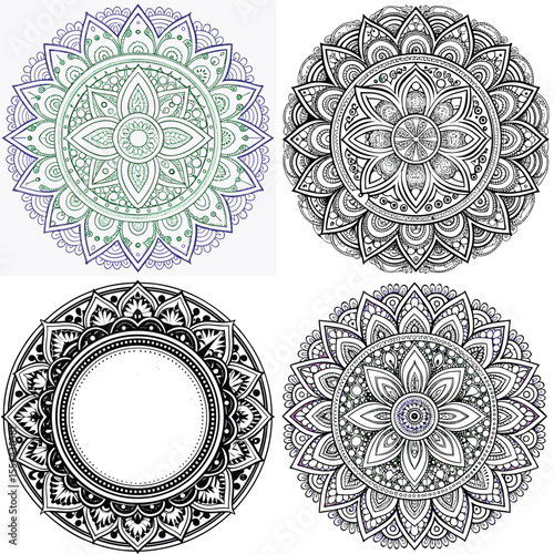 Four Intricate Mandala Designs Green Purple Black White Circular Patterns Ornamental Floral Art