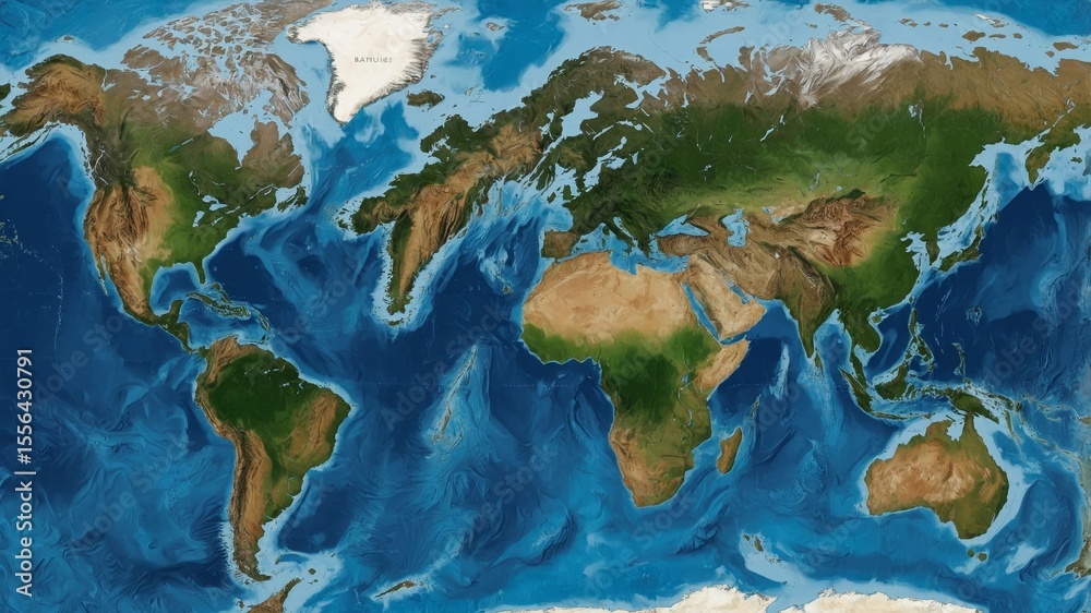 Fototapeta premium Detailed World Map Highlighting Landforms, Ocean Depths, and Geographical Features in Vivid Colors and Textures for Educational Purposes