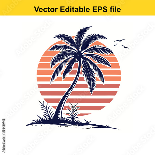 Retro Palm Tree Sunset Graphic Vintage Tropical Design Silhouette Illustration Vacation Vibes Island Getaway Nature Inspired Vector Art