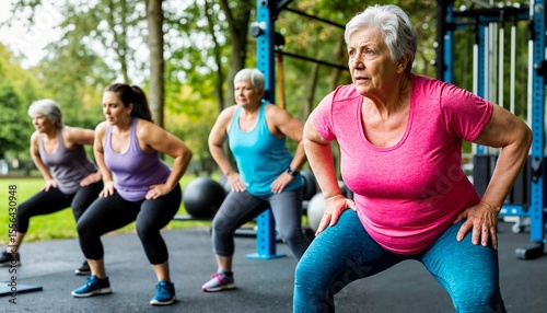 Senior women exercising in a fitness class outdoors