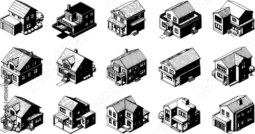 Set of Isometric House Silhouettes - Vector Illustration
