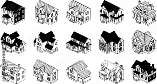 Set of Isometric House Silhouettes - Vector Illustration
