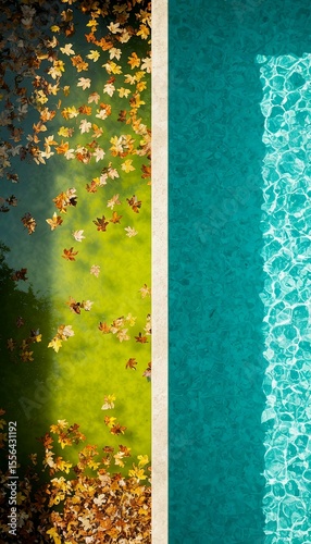 Autumn leaves on one side and a clean swimming pool on the other